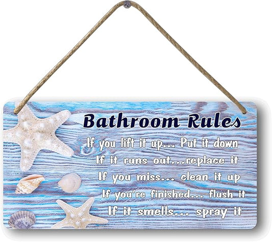 Beach Bathroom Wall Decor Ocean Themed Bathroom Accessories Summer Decorations For Home Sea Themed For Tailet Beachy Decor Coastal Accessories Bathroom Rules Sign 12x6 In