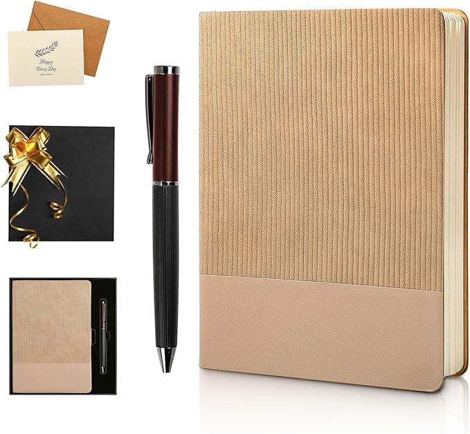 TSFPapier A5 Lined Notebook with Pen & Gift Box 216 Pages PU Leather Journals for Women Men 100GSM Thick Paper College Ruled Notebook for School,Travel,Business,Work,Home Writing (A5 Lined 216pages, Khaki - Gift Box Set)