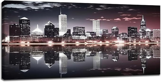 Chicago Skyline Wall Art City Night View Pictures Living Room Wall Decor Black Cityscape Large Canvas Prints Painting Modern Framed Artwork Above Bed for Diving Room Office 60"x30"