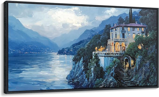 QZQCBLC Large Canvas Wall Art, Blue Mountains Lake Houses Green Trees Landscape Framed Oil Paintings Artwork for Living room Bedroom Home Kitchen Office Wall Pictures Decor 24x48 IN