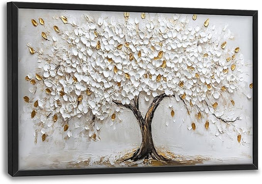Olivine Tree Large Wall Art, White And Golden Pictures Wall Decor, Tree Of Life Paintings Canvas Prints, Framed Artwork for Dining Room Bedroom Living Room Office Bathroom Home Decoration 36"x24"