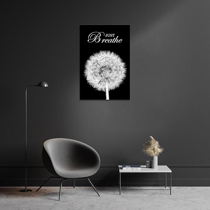YIOZHAOFH Black Dandelion Picture Artwork Bedroom Decoration Just Breathe Canvas Painting Photo Relaxing Meditation Art Wall Decor Framed for Home Room Office Dorm (16L x 24W)