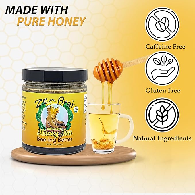 Zen Bear Organic Bee-ing Better Honey Tea - Echinacea, Lemon Balm, Ginger & Cayenne Infused Raw Honey Tea - Daily Well-Being Elixir for Immune Support & Delightful Flavor | 8 oz Jar