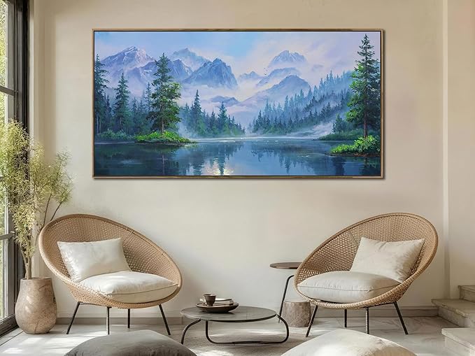 Ardemy Landscape Wall Art Canvas for Living Room Mountain Lake Nature Bedroom Painting Textured Misty Forest Scenery Picture Green Blue Artwork Home Office Decor, Wood Framed Extra Large 58"x29"