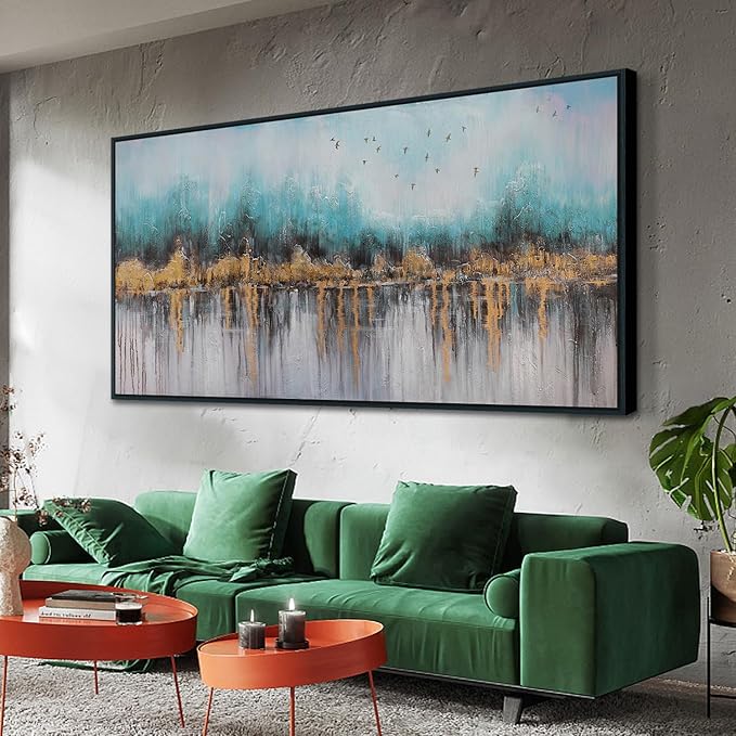 Ardemy Teal Abstract Canvas Wall Art for Living Room Landscape Painting Bedroom Turquoise Grey Textured Picture Artwork Wall Art for Men Home Office Wall Decor, Black Wood Framed Extra Large 58"x29"