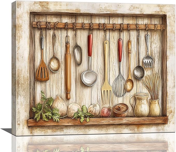 Olivine Kitchen Wall Art, Farmhouse Kitchen Pictures Wall Decor, Rustic Kitchenware Painting Canvas Prints,Framed Artwork for Dining Room Living Room Office Home Decoration 24"x20"