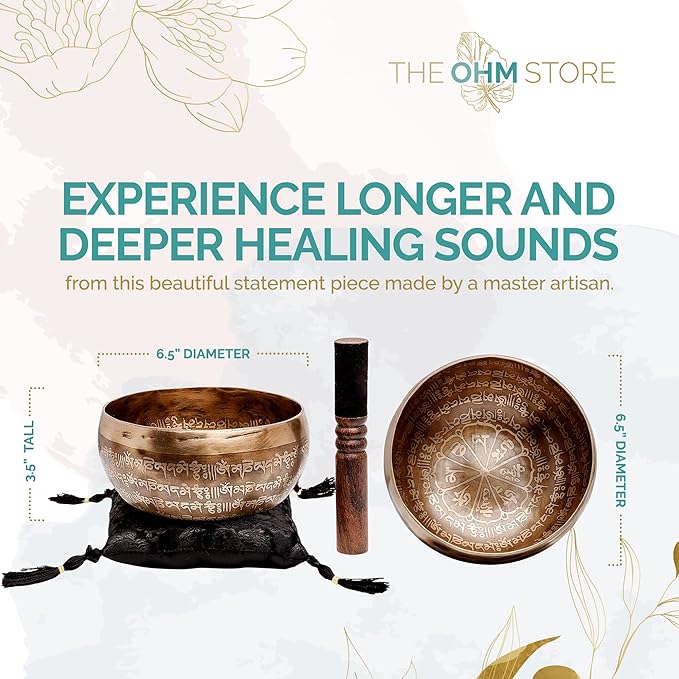 Ancient Design Large Etched Tibetan Singing Bowl Set by Ohm Store — Relaxing Deep Tone Meditation Sound Bowl and Wooden Mallet Handcrafted in Nepal — Purity Bowl (About 6 Inch)