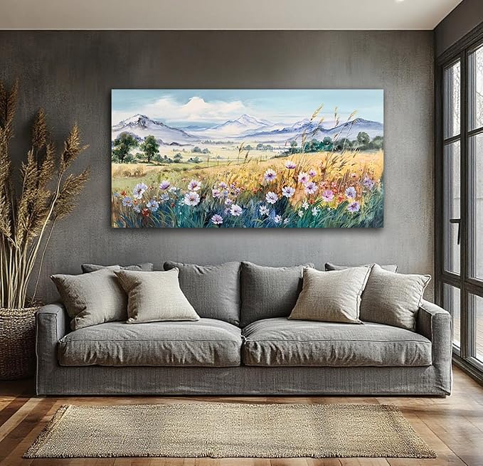 Anolyfi Rustic Farmhouse Canvas Wall Art Large Abstract Wildflower Landscape Painting Florals Mountain Picture, Textured Artwork Framed for Living Room Bedroom Bathroom Office Home Decor 40"x20"