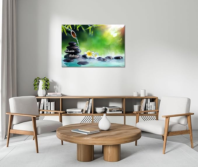 YIOZHAOFH Spa Canvas Print Art Nature Zen Painting Relaxing Bathroom Wall Art Decor White Lotus Pictures Framed Artwork Inhale Exhale Poster Office Decor for Spa Room Bedroom (28L x 44W)