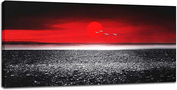 Moon Wall Art Large Red Black And White Canvas Prints Beach Coastal Ocean Picture Wall Decor Japanese Modern Framed Artwork Home Decorations for Living Room Dining Room Office 60"x30"