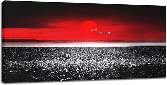 Moon Wall Art Large Red Black And White Canvas Prints Beach Coastal Ocean Picture Wall Decor Japanese Modern Framed Artwork Home Decorations for Living Room Dining Room Office 60"x30"