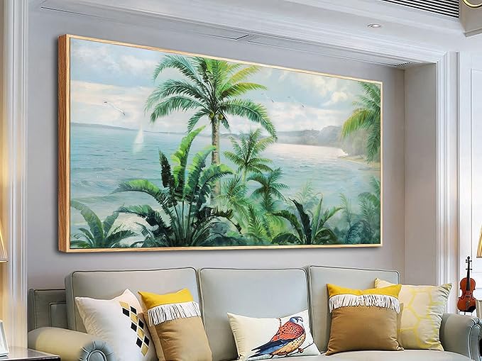 Anolyfi Palm Tree Picture Green Tropical Wall Art for Living Room Landscape Large Canvas Painting Nature Seascape Textured Artwork for Bedroom Kitchen Hallway Office Home Decor, Wood Framed 48"x24"
