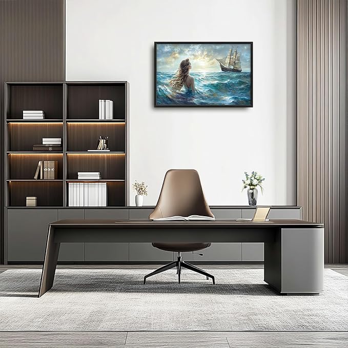 Mermaid Large Wall Art Ocean Mermaid Boat Pictures Wall Decor Nautical Canvas Seascape Print Painting Modern Artwork Home Decoration for Living Room Bathroom Bedroom Office Framed 36"x24"