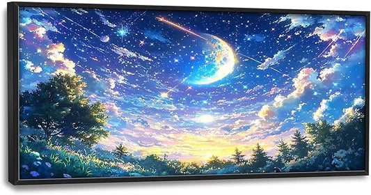 Framed Large Starry Night Wall Art for Living Room, Oversized Night Anime Forest Wall Decor Nature Canvas Painting Modern Artwork Home Decoration for Living Room Bedroom Office 60"x30"