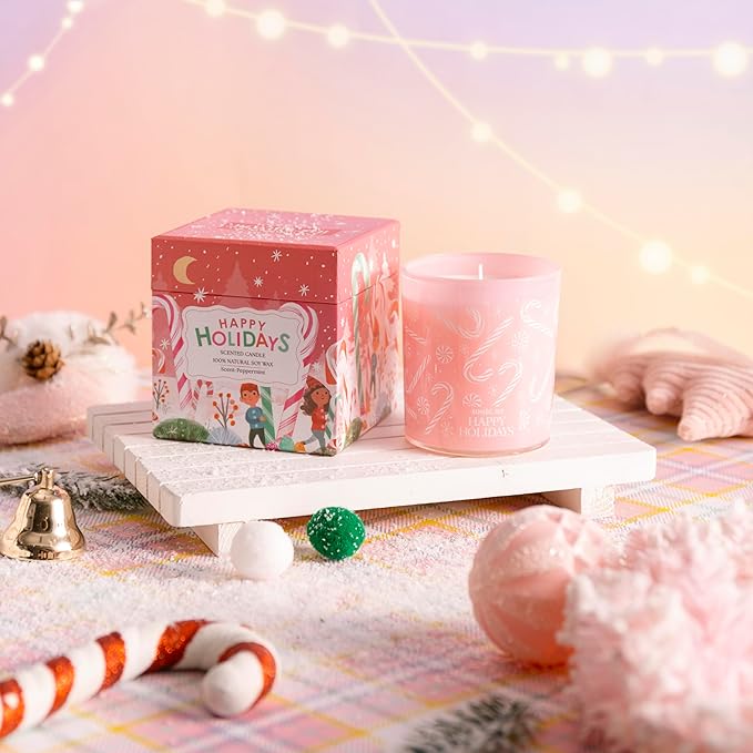 Christmas Scented Jar Candle - 6oz Soy Wax Candle - Happy Holidays Infused with Peppermint Aroma - with Beautiful Keepsake Box Special for Christmas/Holiday Gifts
