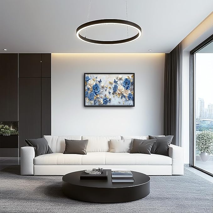 Framed Large Wall Art for Living Room, Blue and White Florals Canvas Wall Decor, Flowers Pictures Painting, Modern Artwork for Living Room Bedroom Office 36L'' × 24W''