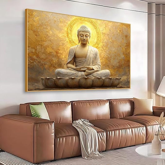 Golden Buddha Canvas Wall Art, Zen Buddha Canvas Print, Buddha Statue Wall Decor, Buddhism Canvas Art, Spiritual Wall Art, Meditation Buddha Wall Art, Gold Bedroom Decor, Home Decor (Gold Framed, 24"x15" | 60x40cm)