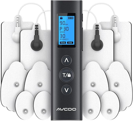 30 Modes TENS EMS Unit Compact Muscle Stimulator for Pain Relief of Back, Shoulder, Neck, Rechargeable & Portable Dual Channel EMS Muscle Stimulator with 30 Intensity Levels, 12 Electrode Pads