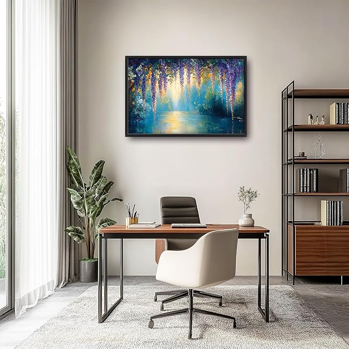 Wisteria Floral Large Wall Art Country Flower Pictures Wall Decor Lake Canvas Landscape Print Painting Modern Artwork Home Decoration for Living Room Bathroom Bedroom Office Framed 36"x24"