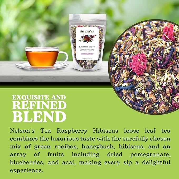 Nelson's Tea Raspberry Hibiscus Tea - Caffeine Free, Cut & Sifted Green Rooibos, Honeybush, Dried Raspberries, Acai, and Pomegranate Loose Leaf (4 oz)
