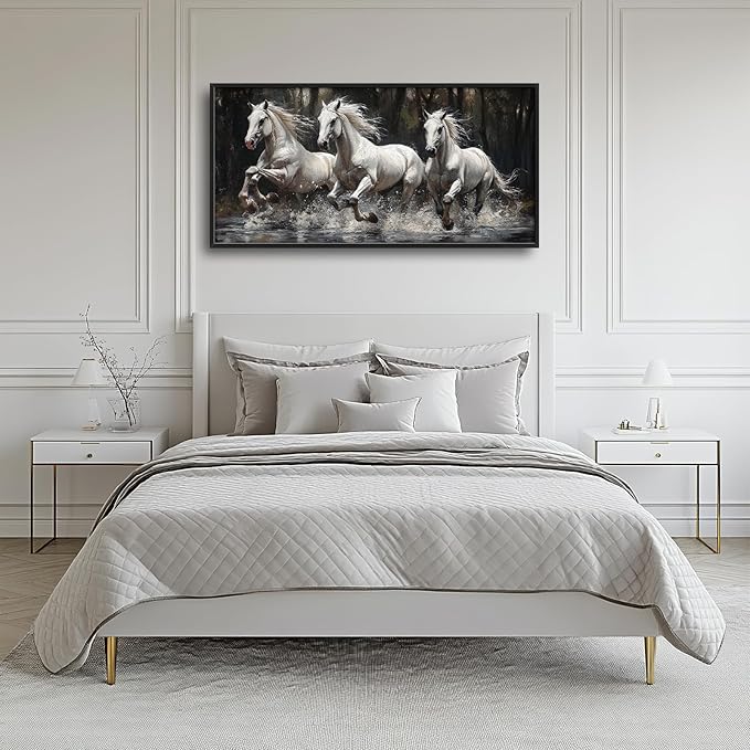 Horse Wall Art Horses Running Pictures Wall Decor Farmhouse White Mustang Large Master Over Above Bed Canvas Prints Horizontal Modern Artwork Painting Home Office Decorations For Bedroom 30"x60"