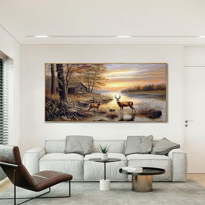 yiijeah Deer Pictures Wall Decor - Autumn Rustic Forest Cabin Painting Prints Wildlife Pictures Animal Elk Poster Large Canvas Wall Art Modern Hunting Decor Framed Artwork for Walls
