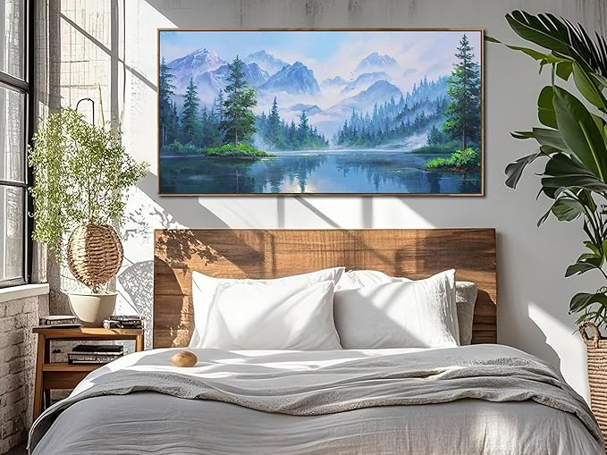 Ardemy Landscape Wall Art Canvas for Living Room Mountain Lake Nature Bedroom Painting Textured Misty Forest Scenery Picture Green Blue Artwork Home Office Decor, Wood Framed Large 48"x24"