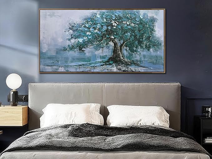 Ardemy Tree Canvas Wall Art for Living Room Teal Tree of Life Landscape Bedroom Picture Modern Nature Painting Blue Artwork Home Office Dining Room Kitchen Wall Decor, Large Wood Framed 40"x20"