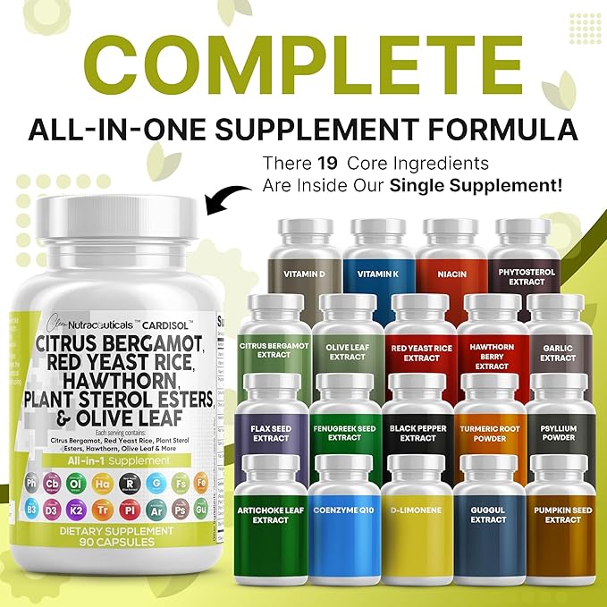 Clean Nutraceuticals Citrus Bergamot Red Yeast Rice Capsules with Plant Sterols - with Hawthorn Extract Olive Leaf Niacin Vitamin K3 D3 COQ10 Guggul & More