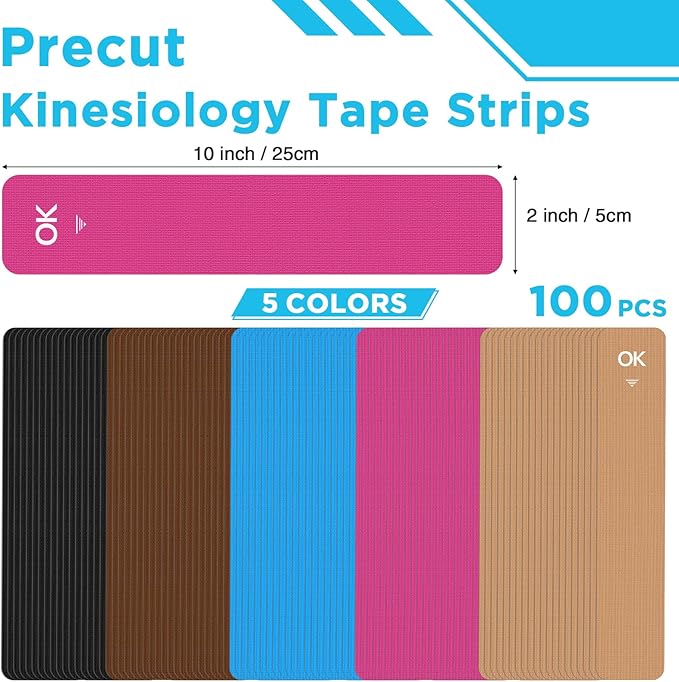 OK TAPE 100Pcs Precut Kinesiology Tape Strips, Elastic Athletic Tape for Joints Support & Muscle Pain Relief, Waterproof, Kinetic Tape for Shoulder, Knee, Ankle (5 Colors, 2 inch x 10 inch)
