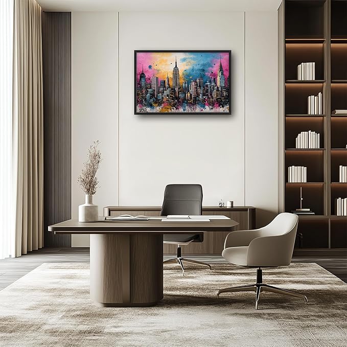 Glocmna Large Wall Art for Living Room Banksy Street Graffiti New York City Wall Decor Modern Skyline Cityscape Pictures Painting Big Canvas Print Framed Artwork Decorations Home Office Bedroom 24"x36"