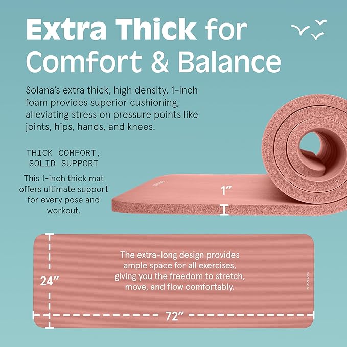 Retrospec Solana Yoga Mat 1" Thick With Nylon Carry Strap for Men & Women - Non Slip Exercise Mat for Home Yoga, Pilates, Stretching, Floor & Fitness Workouts
