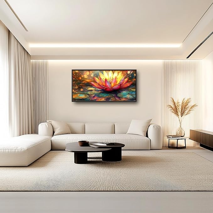 Framed Large Lotus Wall Art for Living Room, Oversized Zen Lotus Flower Wall Decor Golden Floral Canvas Painting Modern Artwork Home Decoration for Living Room Bedroom Office 60"x30"