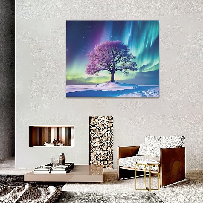 Northern Lights Bathroom Decor Aurora Wall Art Tree canvas Snow Painting Canvas Prints Framed Artwork for Bathroom kitchen Bedroom Living Room 20"x16"