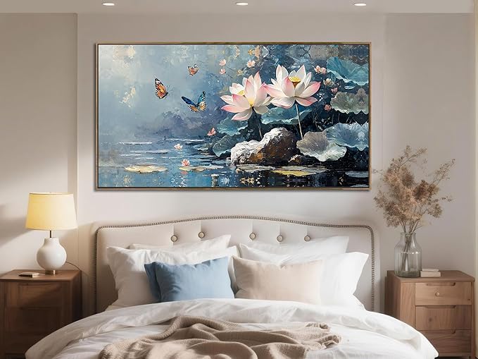 Ardemy Framed Canvas Wall Art Lotus Flower Painting for Living Room Blue Landscape Zen Butterfly Nature Artwork Bedroom Kitchen Dining Room Home Office Spa Wall Decor, Large 48"x24"