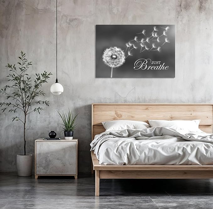 SKASNFAI Black and White Dandelion Zen Wall Art Canvas Just Breathe Motivation Positive Picture Art Print for Spa Yoga Meditation Wall Decor Ready to Hang (12L x 16W)
