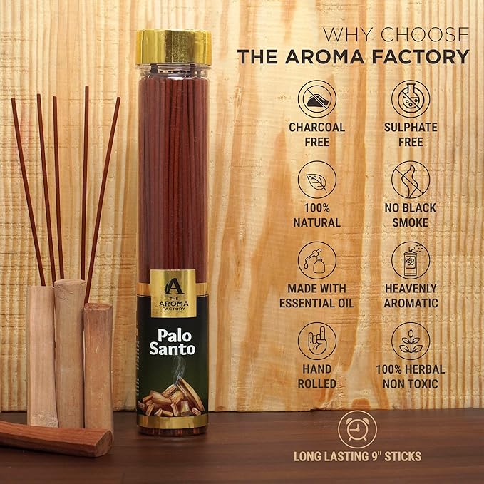 The Aroma Factory Organic Incense Sticks PaloSanto (Herbal Agarbatti for Smudging, Cleansing) 0% Charcoal, 0% Sulphates, 1 x 100g Bottle