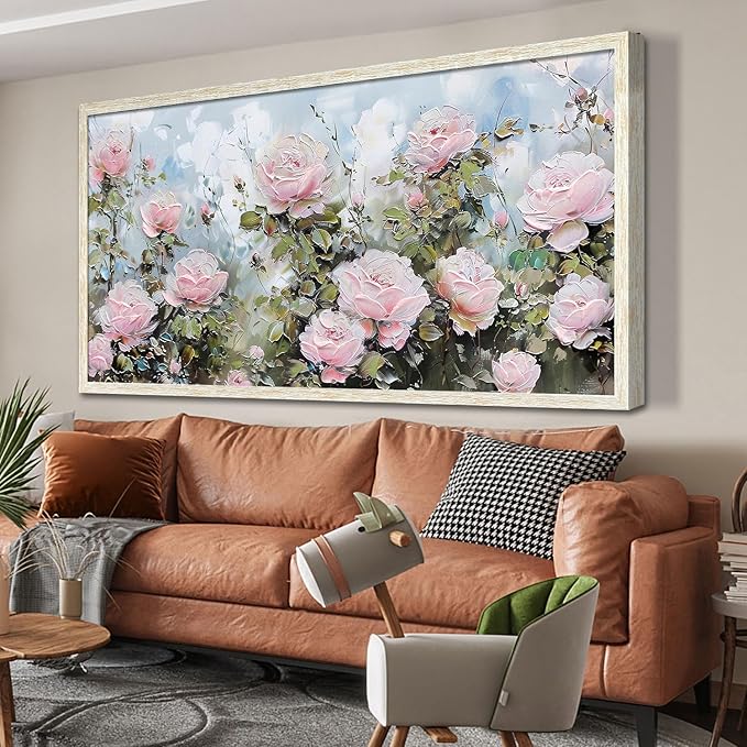 Ardemy Pink Rose Wall Art Canvas for Living Room Flower Painting Modern Textured Floral Bedroom Picture Artwork Framed Home Office Kitchen Decor, Extra Large 58"x29"