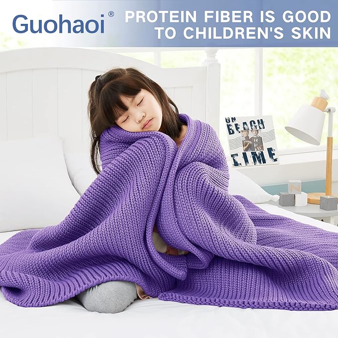 Guohaoi Knitted Weighted Blanket Kids (Purple 50"x60" 5lbs) No Beads Cooling Heavy Blanket, Home Decor Breathable Chunky Knit Throw Blanket for All-Season Use