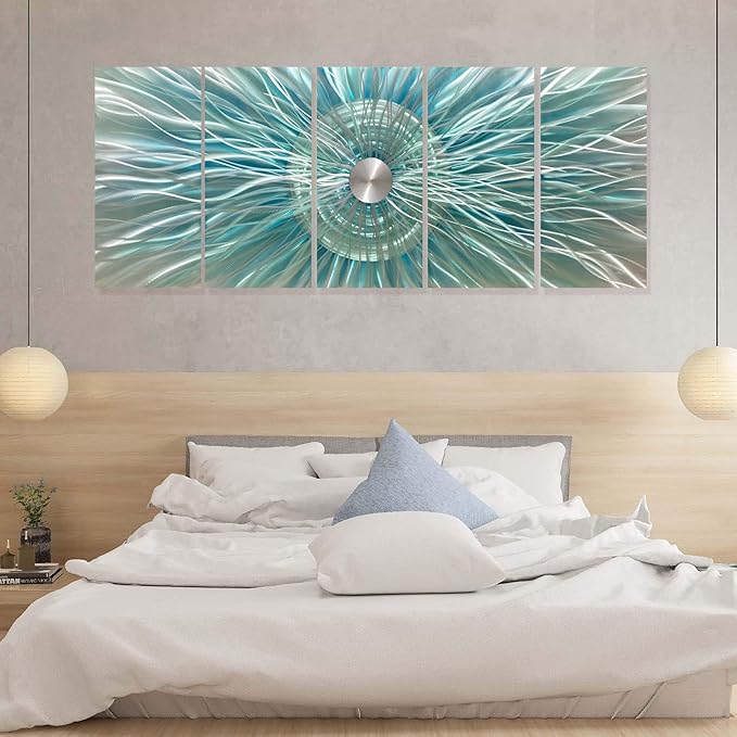 RICHSPACE ARTS Large Abstract Metal Wall Art Modern Teal Decor 3d Geometric Sculpture Dancing Sun Rays Design for Contemporary Living Room Home Office Walls
