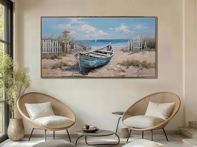 Ardemy Framed Blue Wall Art for Bedroom Canvas Picture Wall Decor Living Room, Textured Painting Beach Seascape Picture Artwork Kitchen Dining Room Home Office, Large 48"x24"