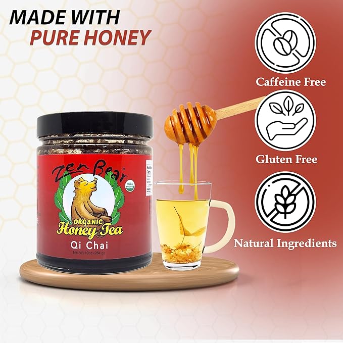 Zen Bear Organic Qi Chai Honey Tea - Rich India-Inspired Flavor Infused with Premium Black Tea, Cinnamon, Cardamom, Cloves, and Black Pepper, Sweetened Naturally with Raw Honey | 10 Oz Jar