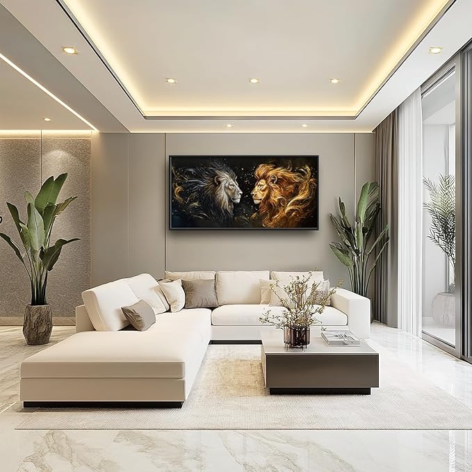 SweetFox Extra Large Lion King Framed Wall Art for Living Room, Lion and Golden Lioness Pictures Oversized Wall Decor Abstract Canvas Painting Print Artworks for Bathroom Master Bedroom 60L X 30W