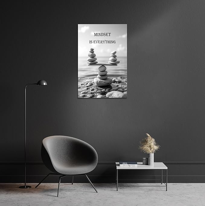 YIOZHAOFH Mindset Wall Art for Zen Office Inspirational Pictures Wall Decor Motivational Quotes Canvas Art Black and White Landscape Nature Print Poster Painting Framed for Meditation Spa Room Bedroom (20L x 30W)