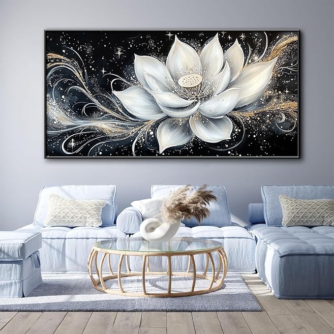 Glethua White Lotus Flower Canvas Wall Decor, Lotus Flower Picture Print, Modern Zen Wall Art, Modern Vintage Floral Painting Artwork for Yoga Spa Meditation Spiritual Living Room Bedroom Home Decor (Black Framed, 39 x 19 in | 100 x 50cm)