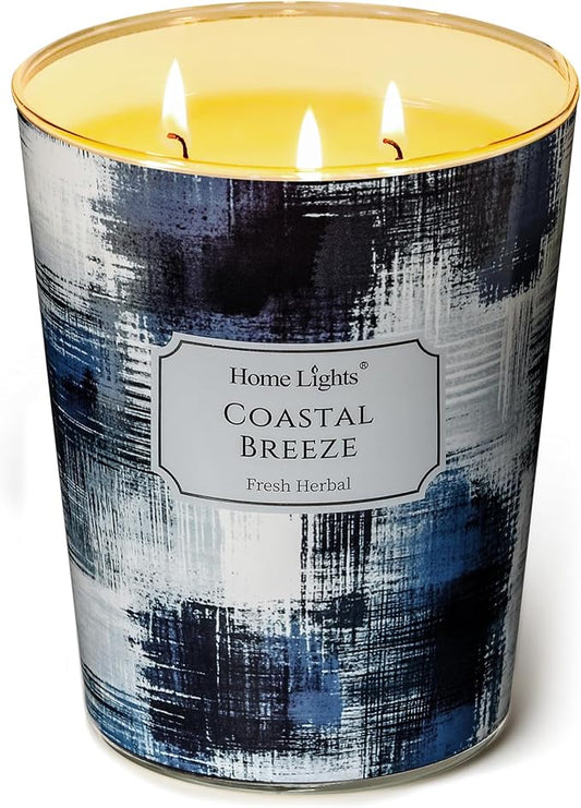 HomeLights Large jar Candle | 3-Wick Long-Lasting Scented Candles, 34oz Natural Soy Wax Candle for Home Scented, Scandinavian Minimalist Design Gifts for Women & Men, Coastal Breeze