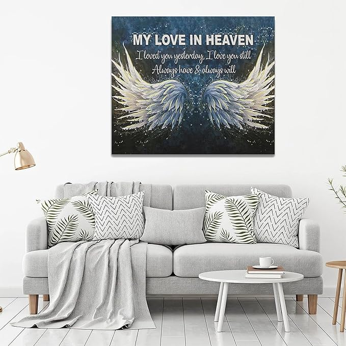 Fleruku Angel Wings Wall Art Memorial Motivational Wall Decor Wings My Love In Heaven Pictures Canvas Painting Artwork Home Decorations for Living Room Bedroom Bathroom Office 24"x20"