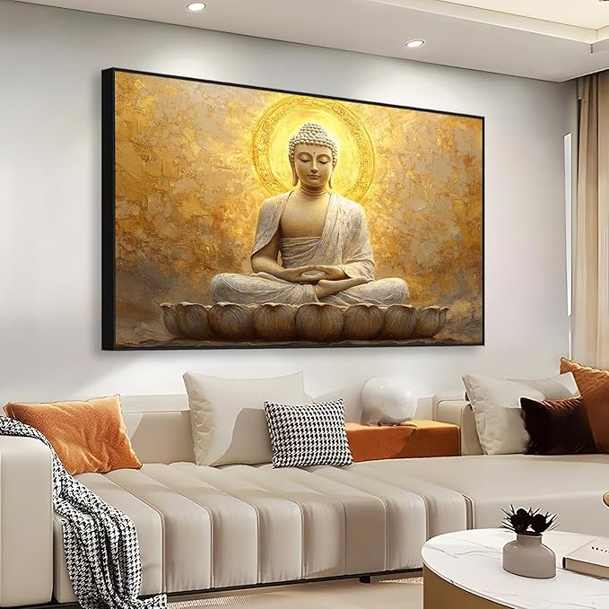 Golden Buddha Canvas Wall Art, Zen Buddha Canvas Print, Buddha Statue Wall Decor, Buddhism Canvas Art, Spiritual Wall Art, Meditation Buddha Wall Art, Gold Bedroom Decor, Home Decor (Black Framed, 48"x32" | 122x82cm)