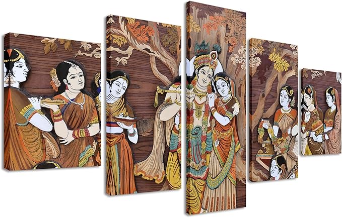 Radha Krishna Wall Decor for Living Room Watercolor Indian God Canvas Print 5 Piece Vintage Artwork Framed 60" Wx32 H