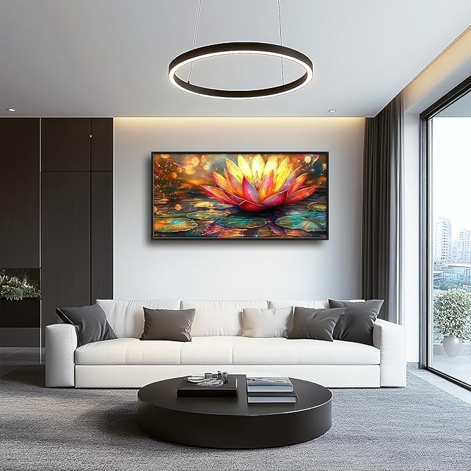 Framed Large Lotus Wall Art for Living Room, Oversized Zen Lotus Flower Wall Decor Golden Floral Canvas Painting Modern Artwork Home Decoration for Living Room Bedroom Office 60"x30"